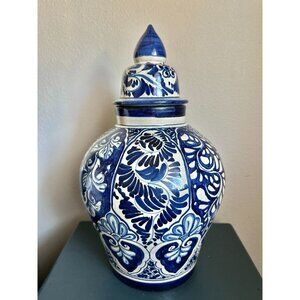 Vintage Early Century Talavera Pottery Blue And White Oversized Ginger Jar
